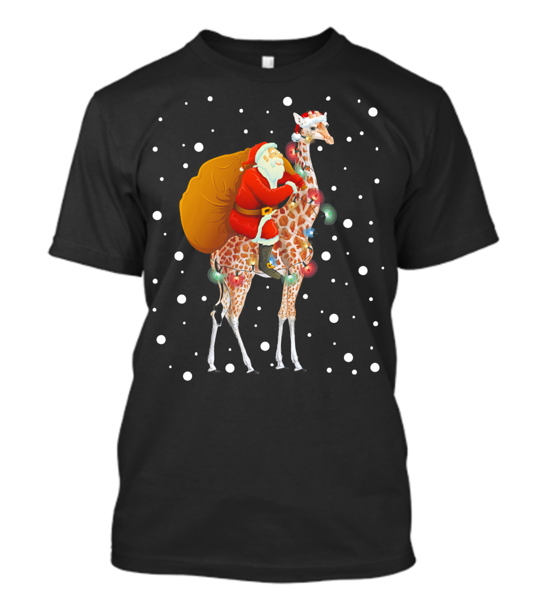 Santa Riding Giraffe Christmas Lights Holiday Snowflakes T-Shirt