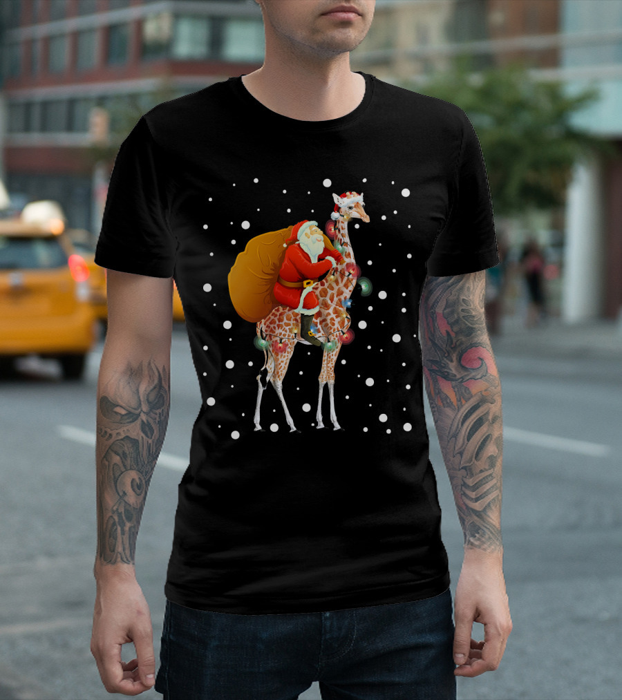Santa Riding Giraffe Christmas Lights Holiday Snowflakes T-Shirt