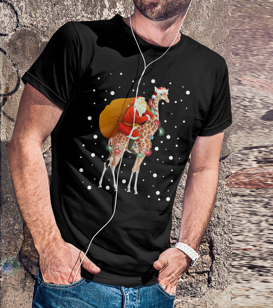 Santa Riding Giraffe Christmas Lights Holiday Snowflakes T-Shirt