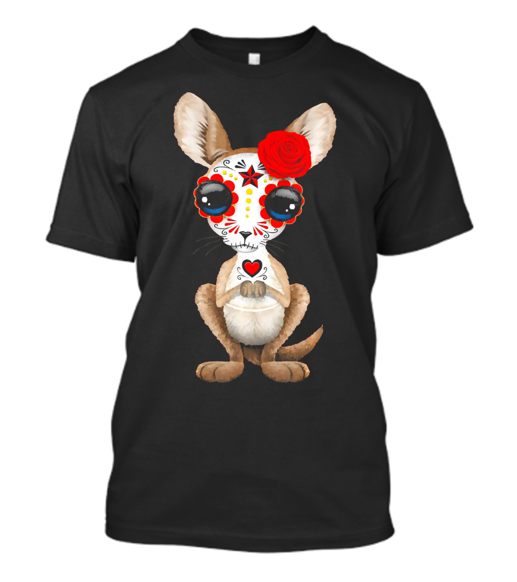 Sugar Skull Kangaroo Day Of The Dead Red Rose T-Shirt
