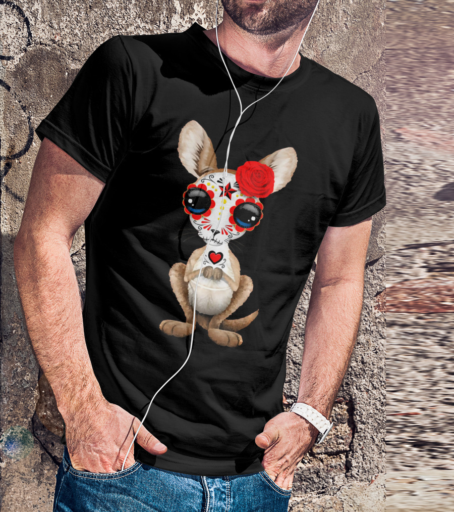 Sugar Skull Kangaroo Day Of The Dead Red Rose T-Shirt