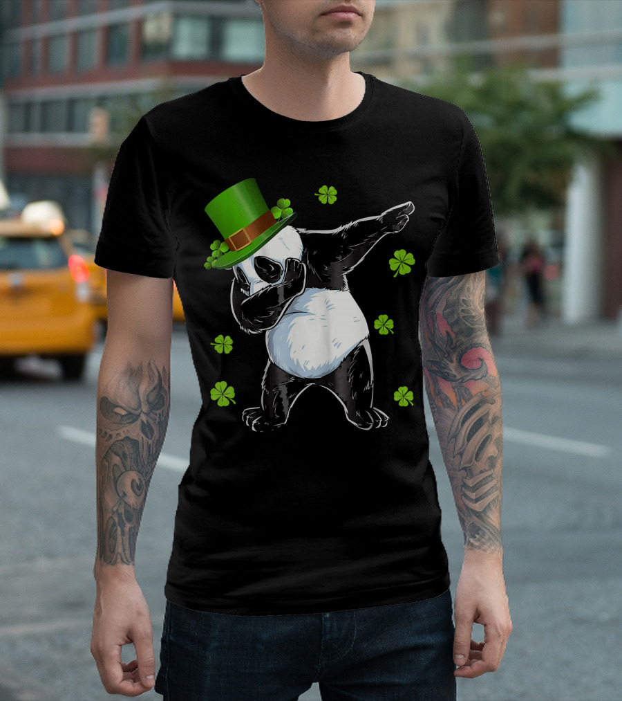 St Patricks Day Dabbing Panda Bear With Clover Hat T-Shirt