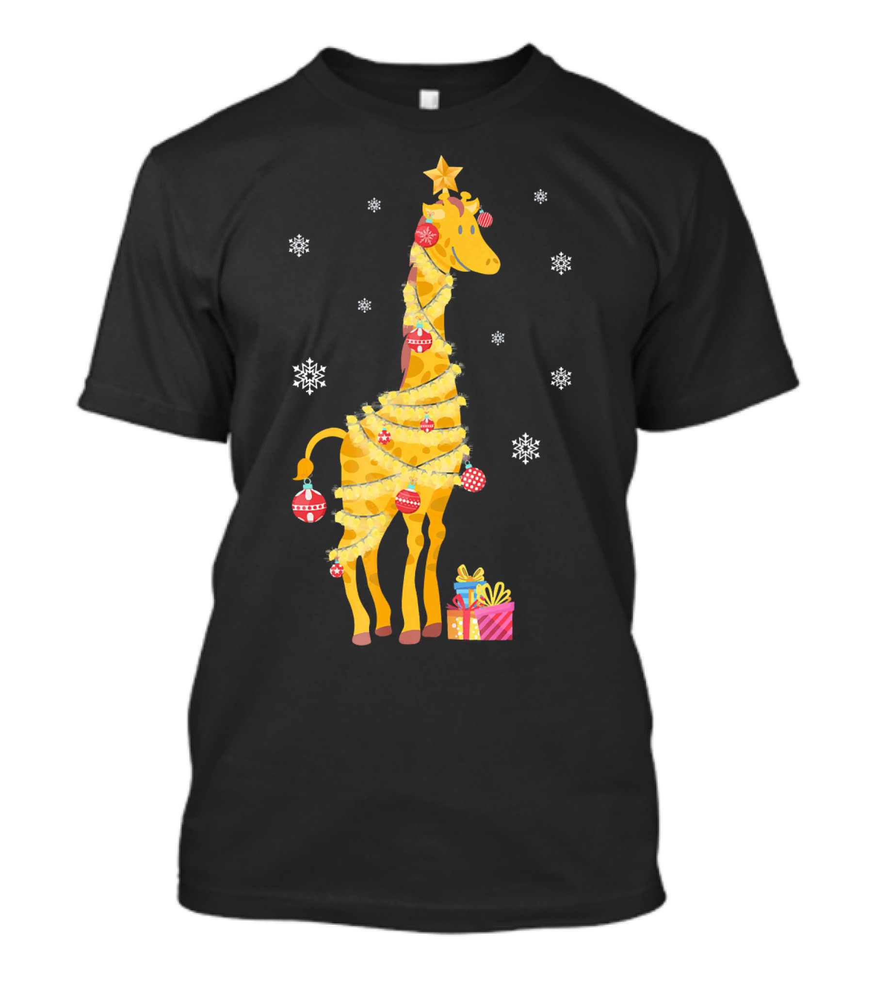 Xmas Giraffe Wrapped In Holiday Lights With Star And Gift Boxes T-Shirt