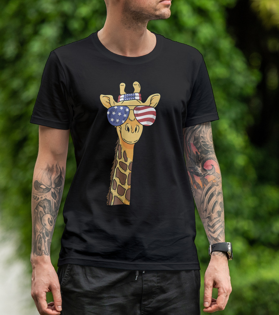 USA Patriotic Giraffe With American Flag Sunglasses And Headband July T-Shirt