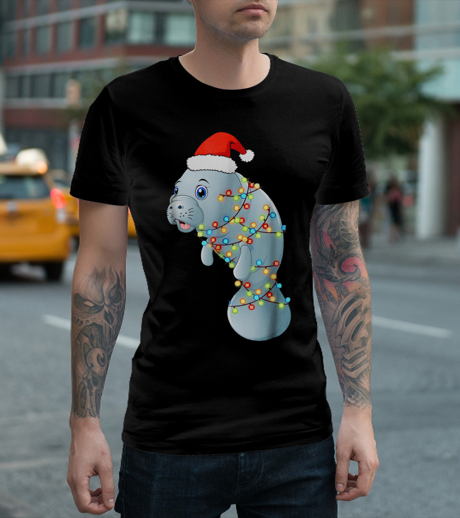 Santa Manatee Wrapped In Christmas Lights Holiday Mana T-Shirt