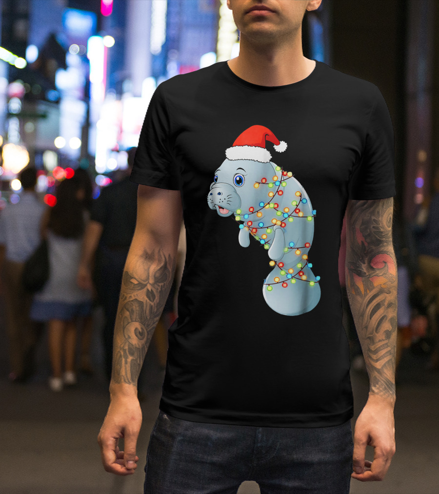 Santa Manatee Wrapped In Christmas Lights Holiday Mana T-Shirt