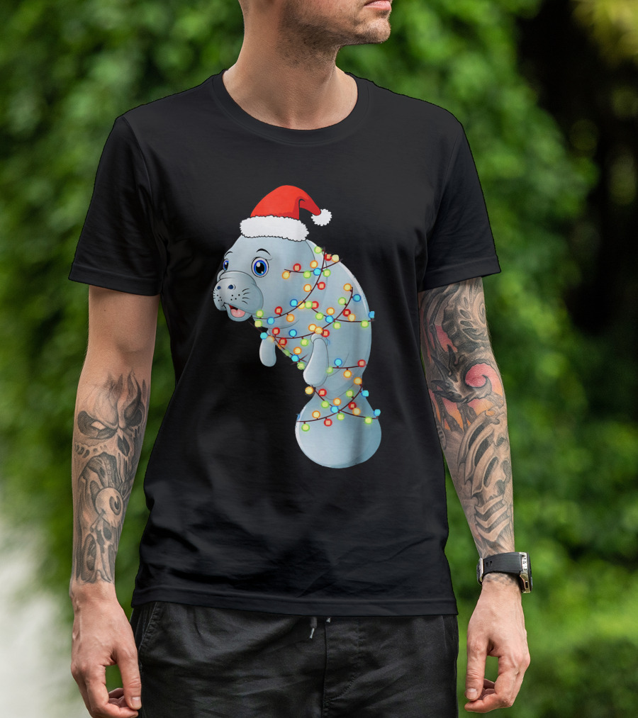 Santa Manatee Wrapped In Christmas Lights Holiday Mana T-Shirt