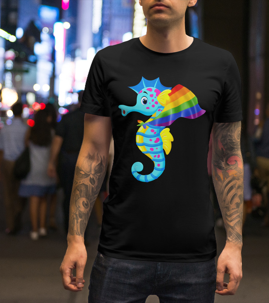 Vintage Rainbow Seahorse With Gay Pride Flag T-Shirt