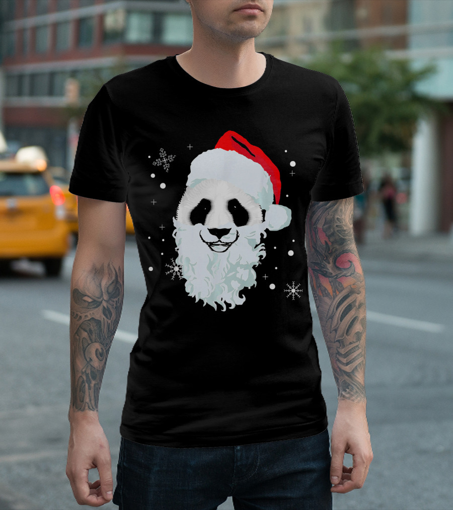 Ugly Xmas Panda with Santa Hat and Beard Snowflakes T-Shirt