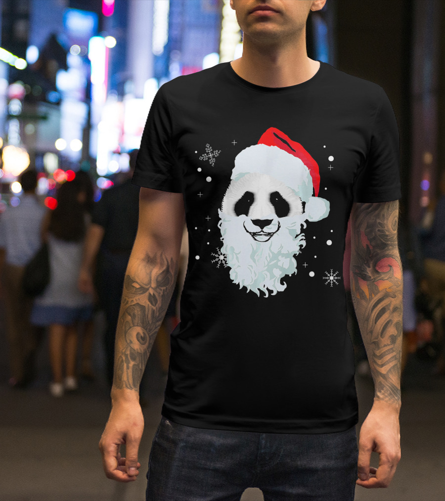 Ugly Xmas Panda With Santa Hat And Beard Snowflakes T-Shirt