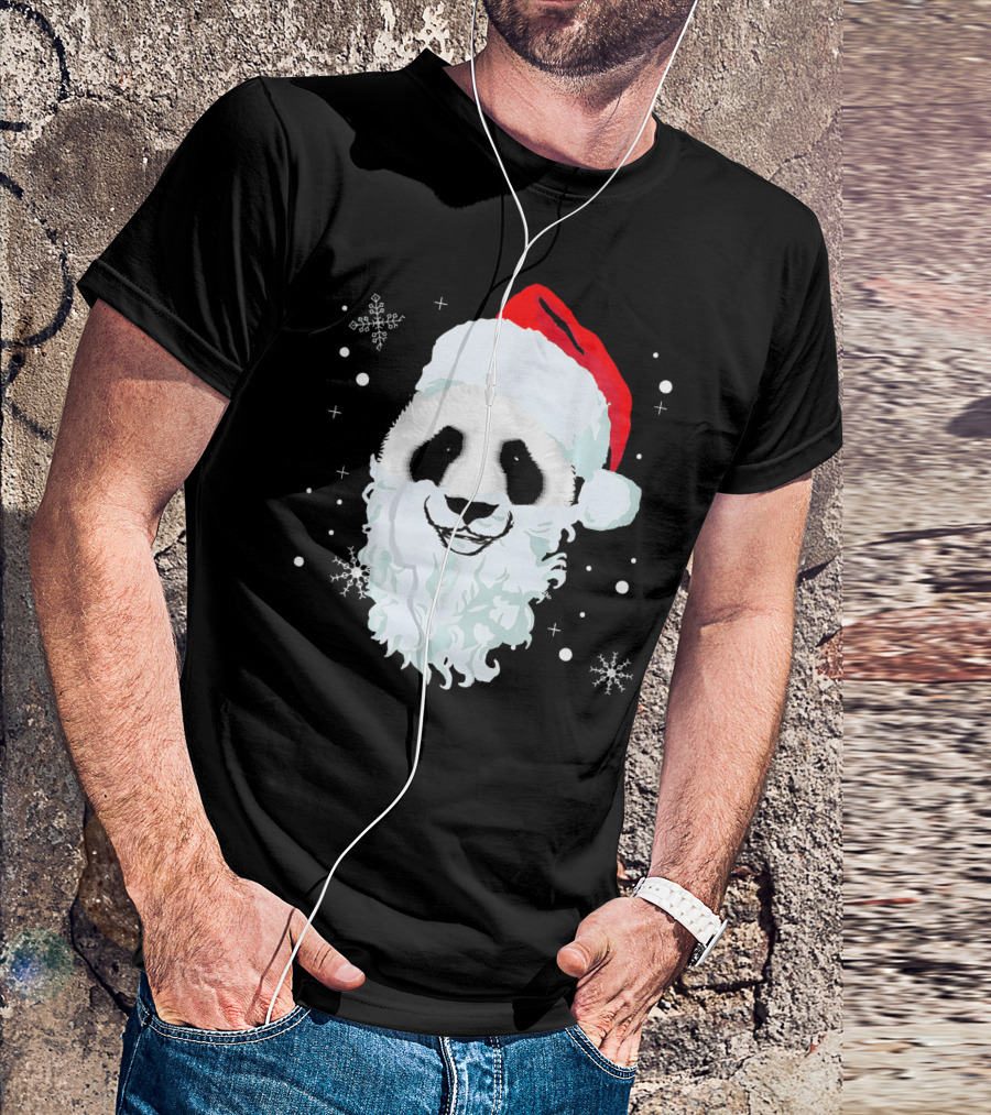 Ugly Xmas Panda With Santa Hat And Beard Snowflakes T-Shirt