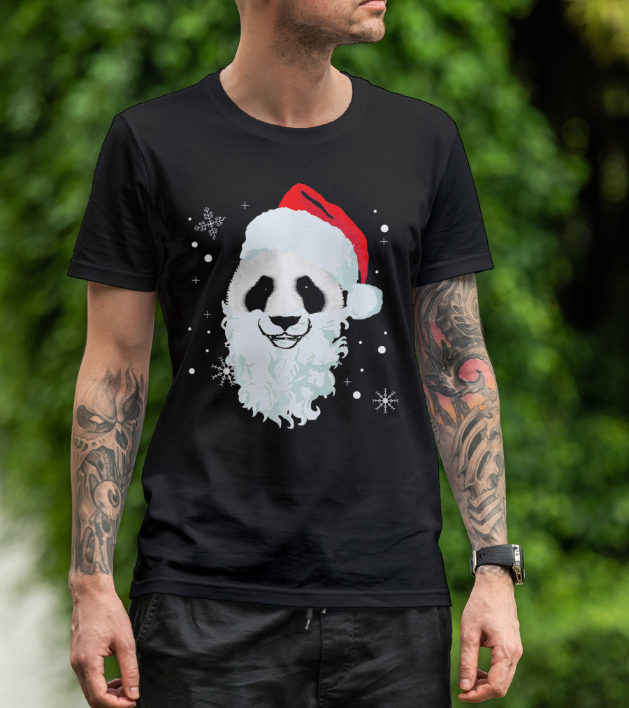 Ugly Xmas Panda With Santa Hat And Beard Snowflakes T-Shirt