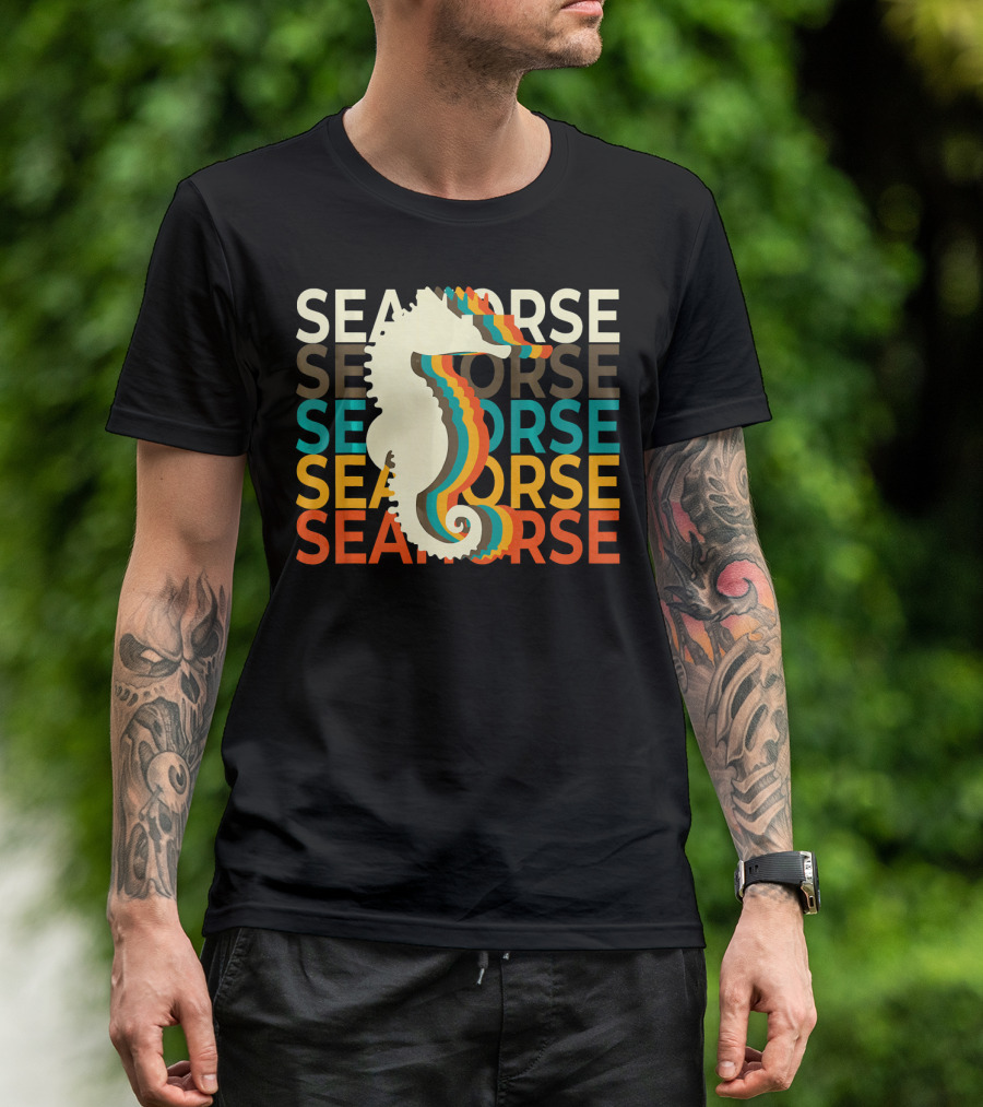 Seahorse Vintage Multicolor Text Repeat T-Shirt