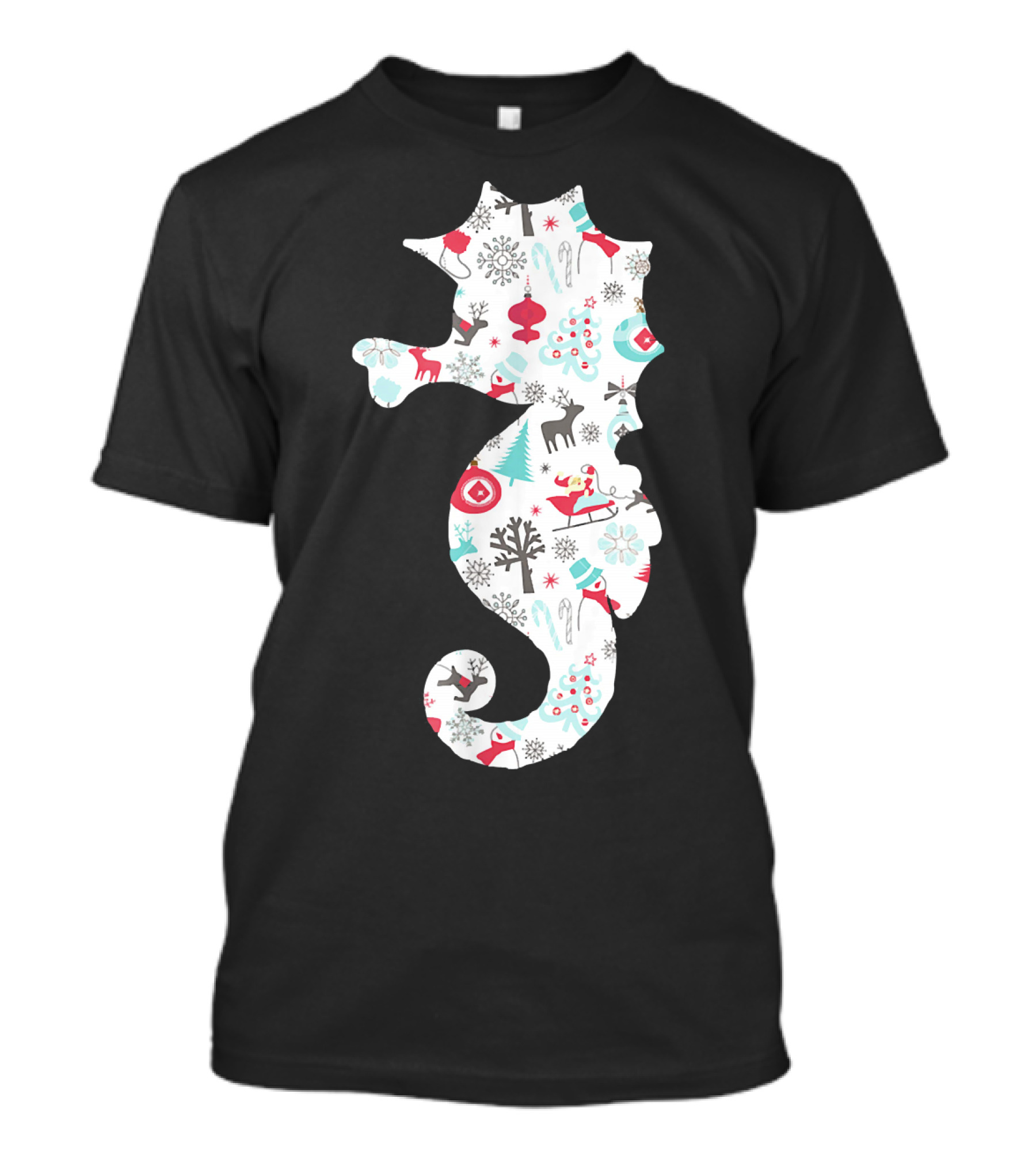 Seahorse Christmas Pattern With Reindeer, Snowflakes, And Skiing Santa T-Shirt