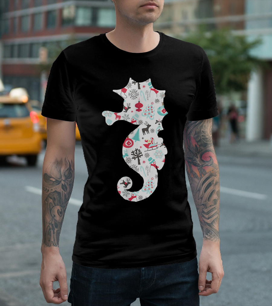 Seahorse Christmas Pattern With Reindeer, Snowflakes, And Skiing Santa T-Shirt