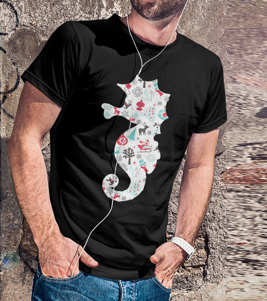 Seahorse Christmas Pattern With Reindeer, Snowflakes, And Skiing Santa T-Shirt