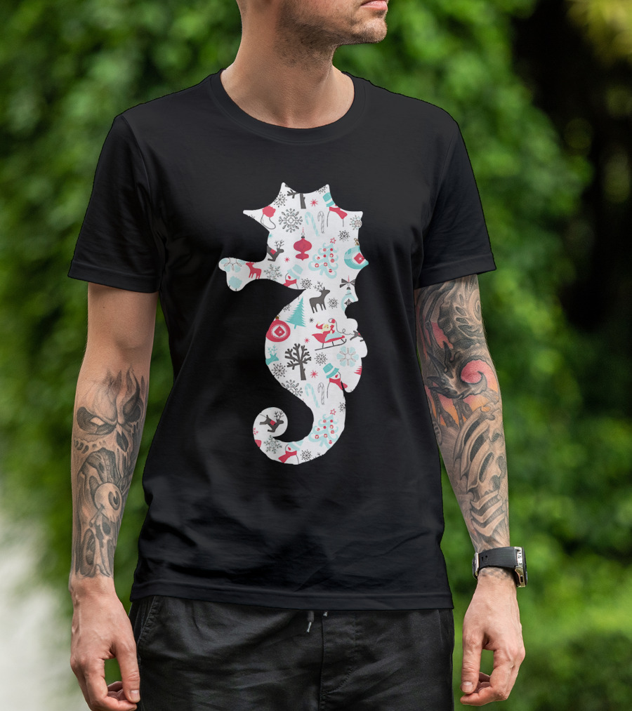 Seahorse Christmas Pattern With Reindeer, Snowflakes, And Skiing Santa T-Shirt