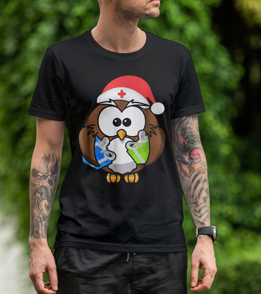 Santa Owl Nurse Christmas Gifts T-Shirt