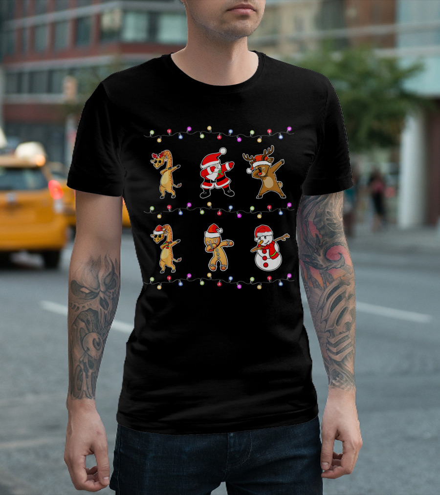 Tee89s Giraffe Reindeer Santa Gingerbread Snowman Dabbing Christmas Lights T-Shirt