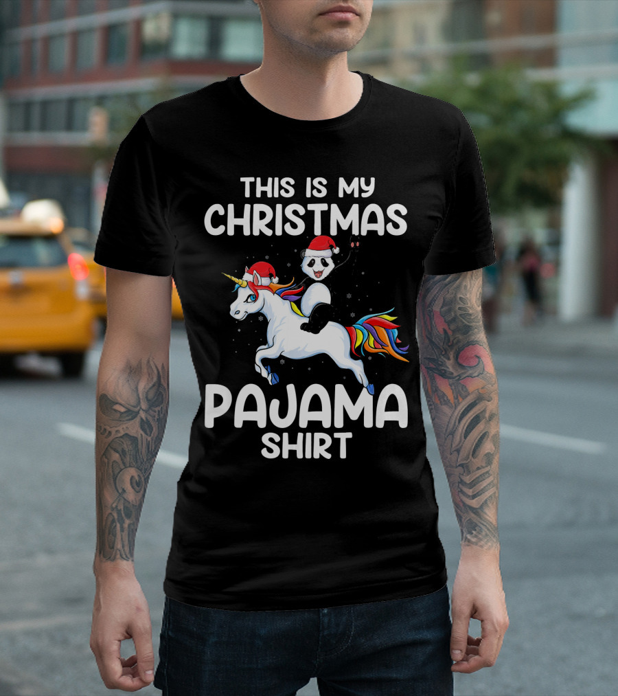 This Is My Christmas Pajama Shirt Unicorn Riding Panda Santa T-Shirt