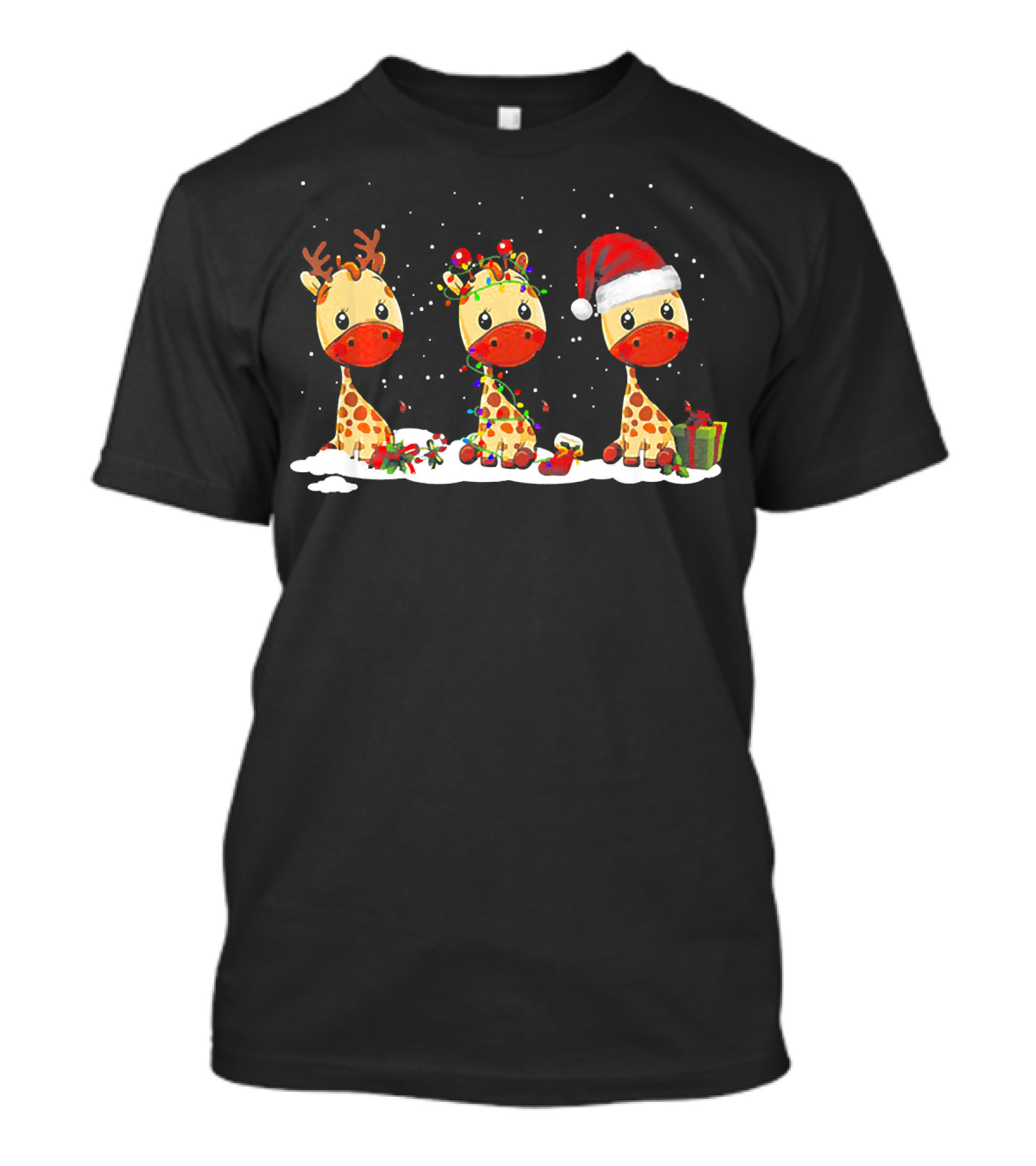 Three Giraffes Reindeer Lights Santa Hat Snow Present T-Shirt