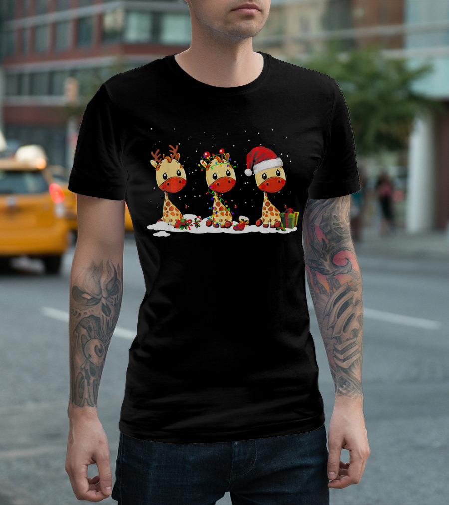 Three Giraffes Reindeer Lights Santa Hat Snow Present T-Shirt