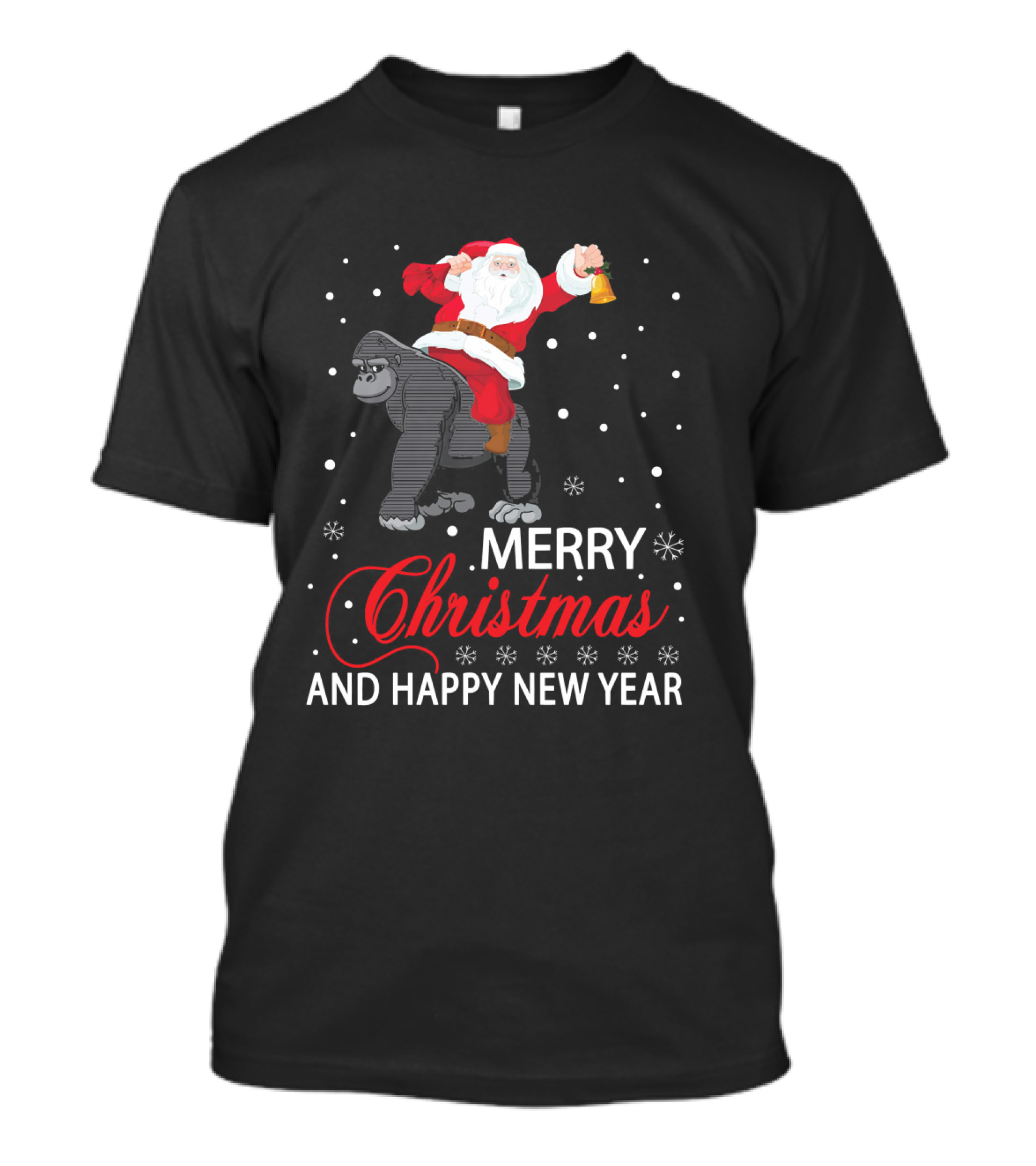 Merry Christmas Santa Riding Gorilla With Bell And Snowflakes Happy New Year T-Shirt