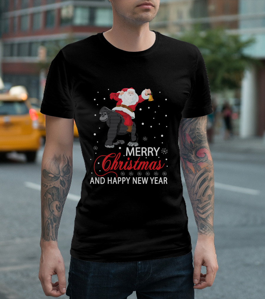 Merry Christmas Santa Riding Gorilla With Bell And Snowflakes Happy New Year T-Shirt