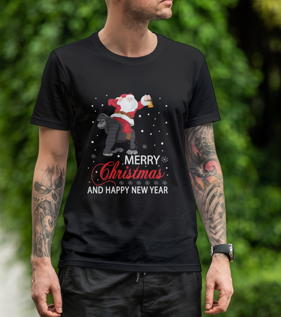 Merry Christmas Santa Riding Gorilla With Bell And Snowflakes Happy New Year T-Shirt