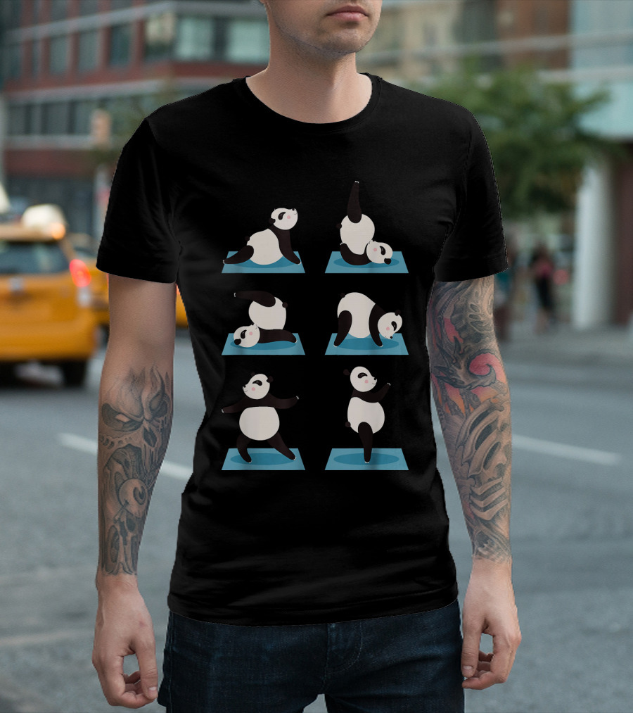 Playful Yoga Panda Poses on Blue Yoga Mat Series T-Shirt