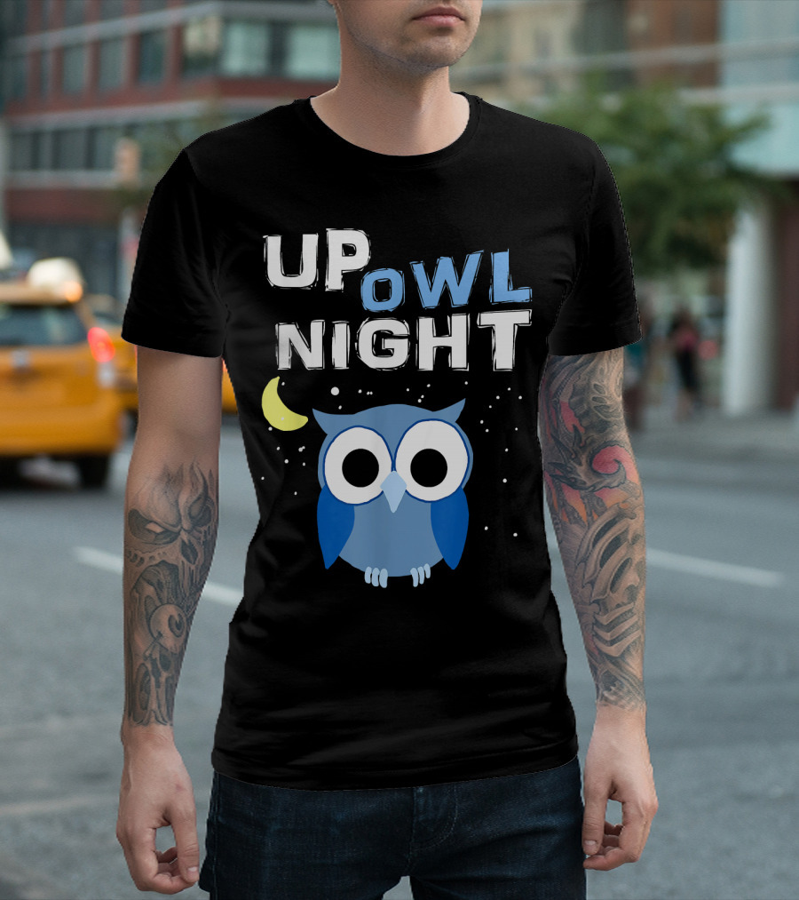 Up Owl Night Blue Owl with Moon and Stars Nocturnal Bird Love T-Shirt