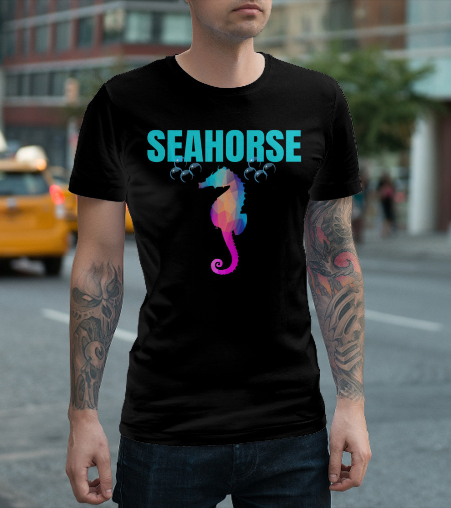 Seahorse Lover Colorful Geometric Seahorse Bubbles Hawaiian T-Shirt