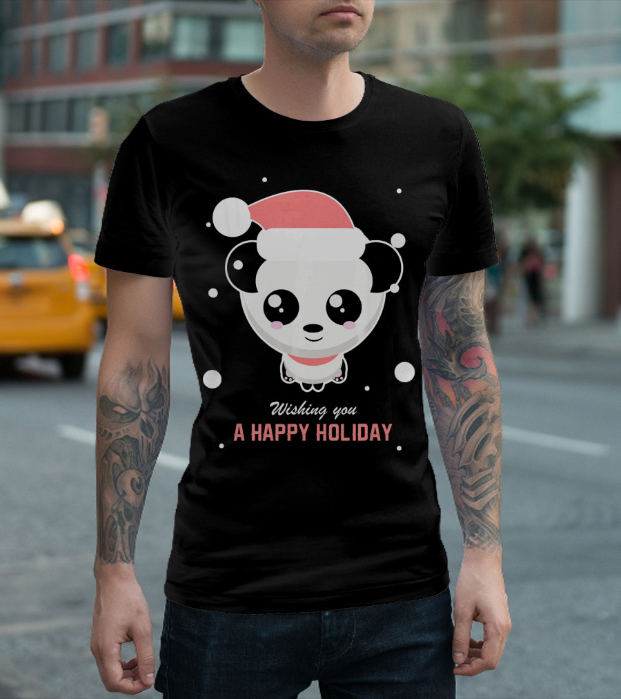 Wishing You a Happy Holiday Panda Santa Hat Snowflakes T-Shirt