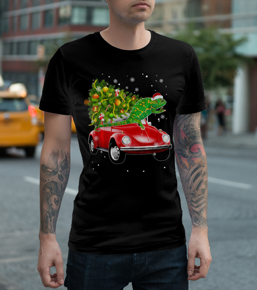 Chameleon in Santa Hat on Red Beetle with Christmas Tree and Snowflakes T-Shirt