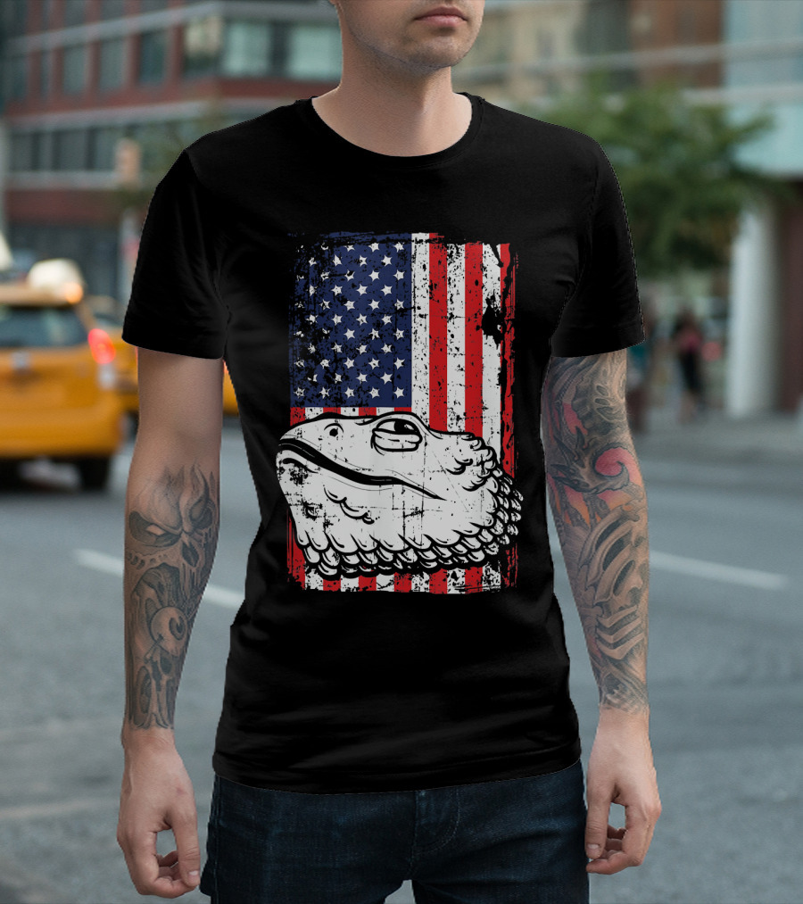 4th Of July American Flag Bearded Dragon Head T-Shirt