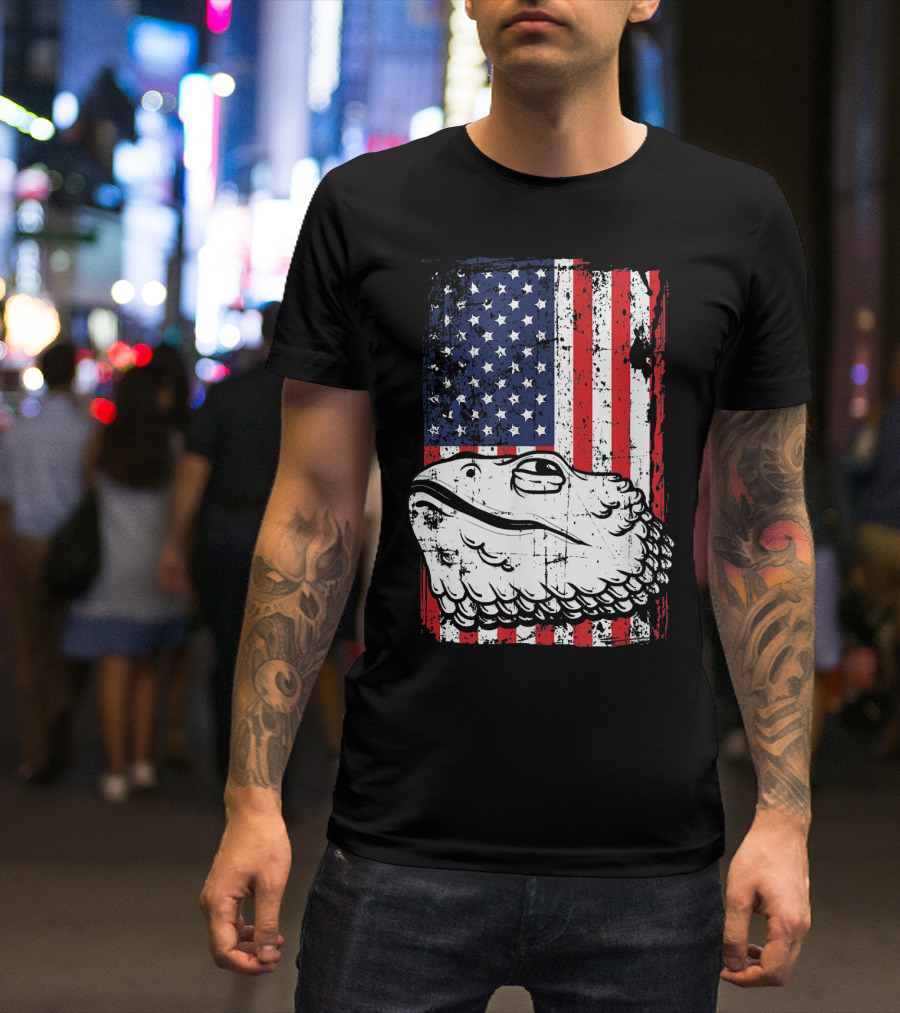 4th Of July American Flag Bearded Dragon Head T-Shirt