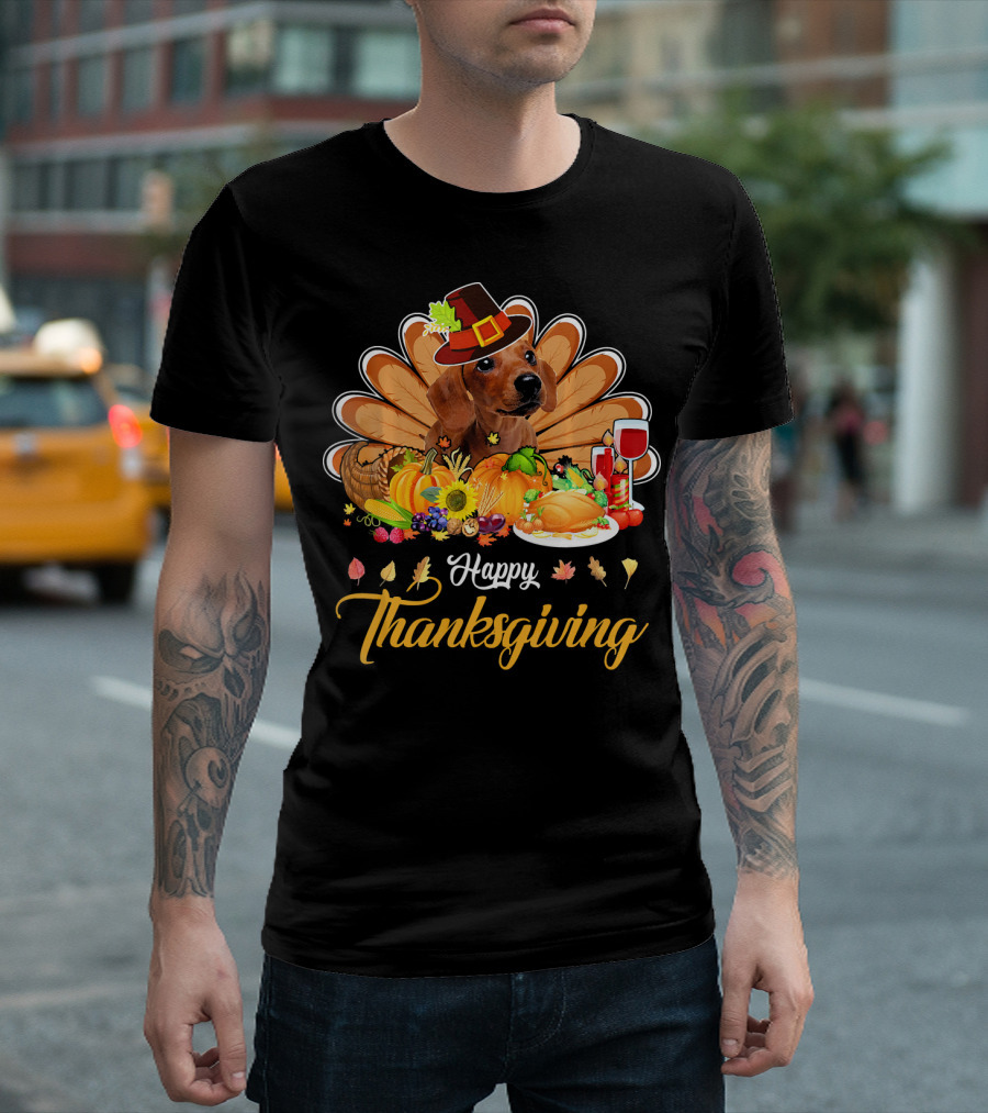 Happy Thanksgiving Dachshund Turkey Dish Wine T-Shirt