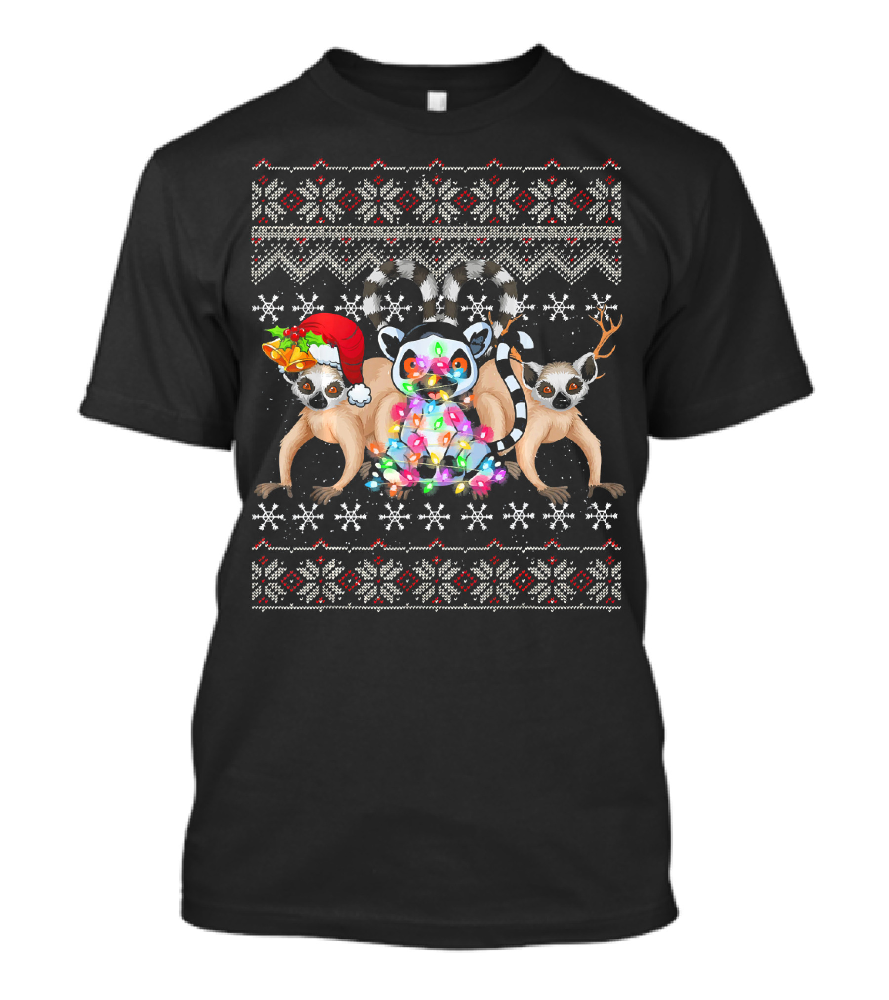 Christmas Three Lemur Santa Hat Reindeer Antlers Lights Snowflakes T-Shirt