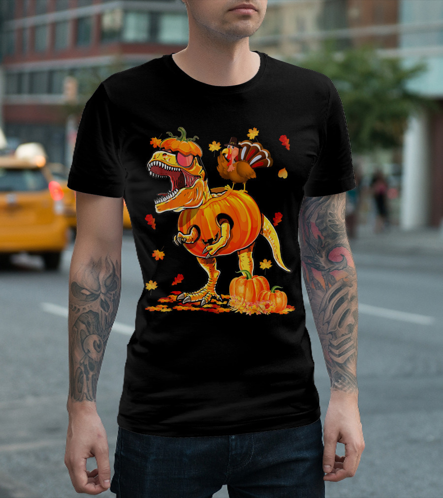 Dinosaur Pumpkin with Thanksgiving Turkey and Autumn Leaves T-Shirt