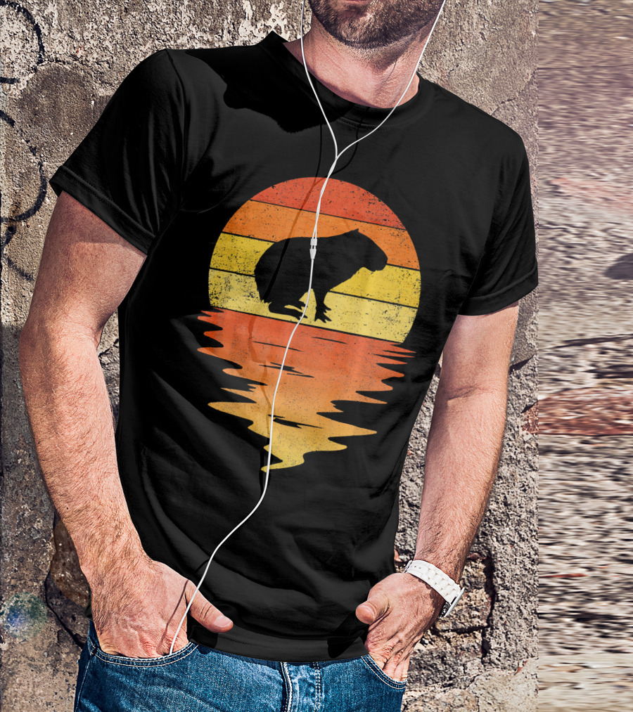 Capybara 70s Vintage Retro Sunset Silhouette Reflection T-Shirt