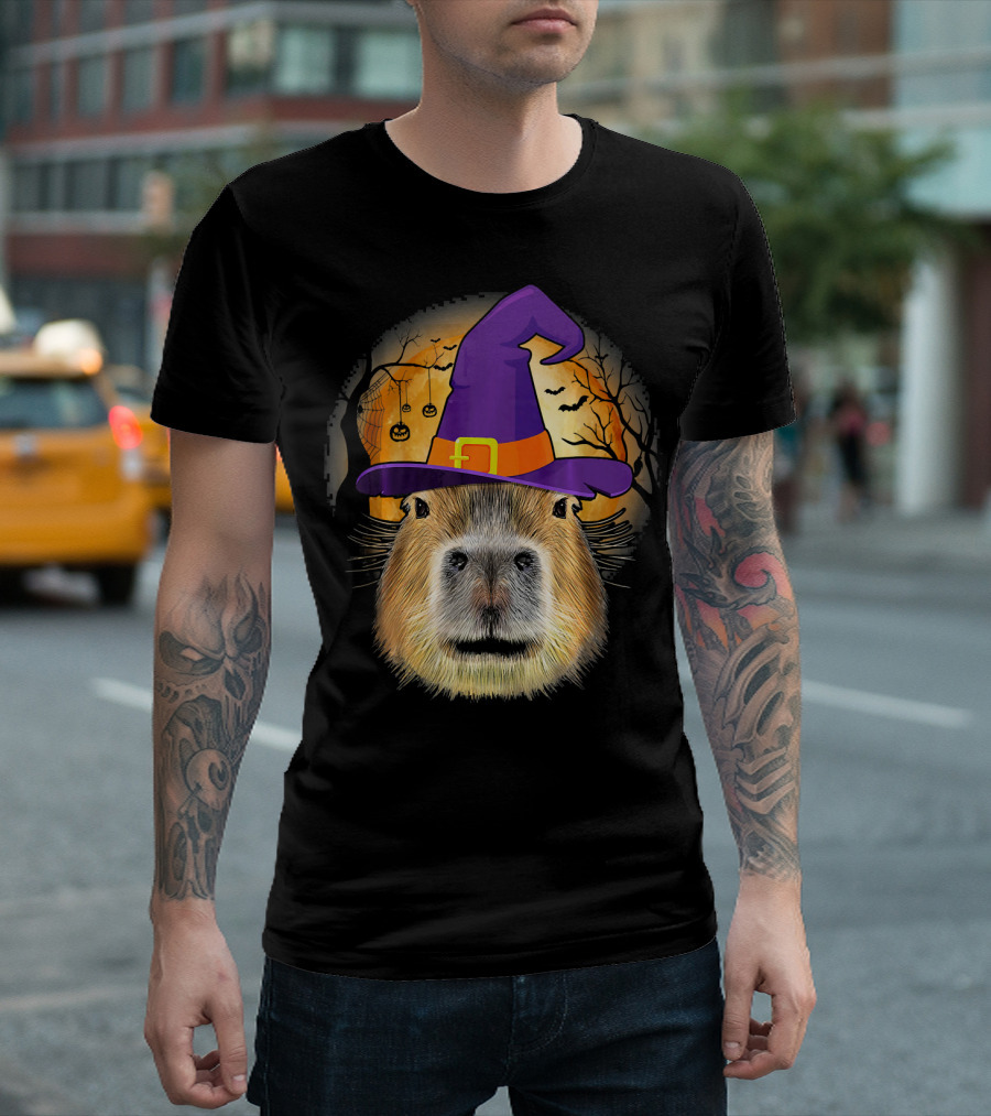Capybara Witch Halloween Moon Bats Pumpkins Hat T-Shirt