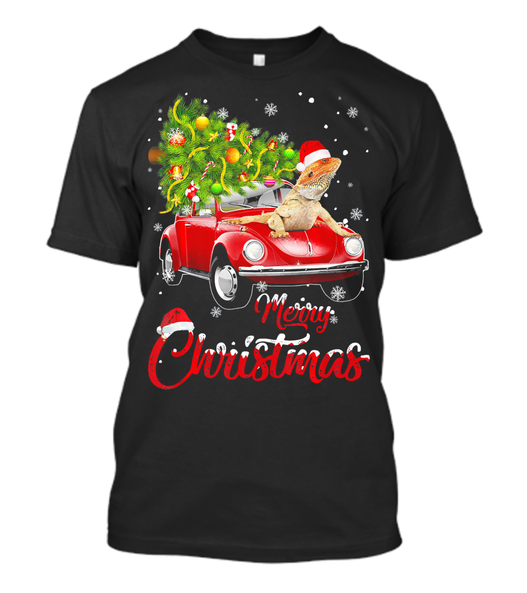 Merry Christmas Bearded Dragon On Red Truck With Christmas Tree T-Shirt
