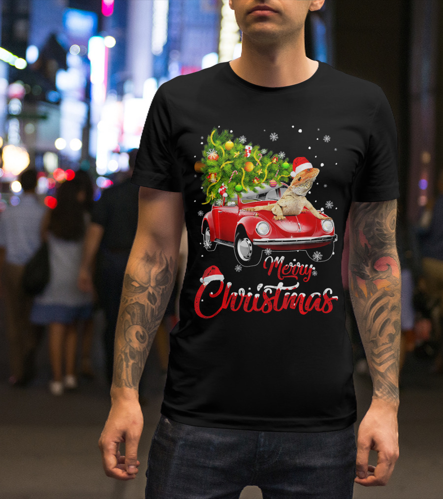 Merry Christmas Bearded Dragon On Red Truck With Christmas Tree T-Shirt