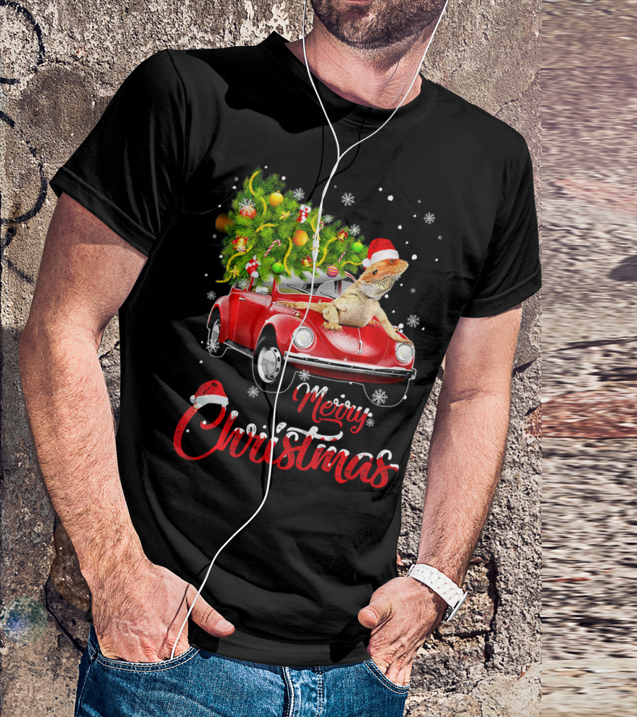 Merry Christmas Bearded Dragon On Red Truck With Christmas Tree T-Shirt