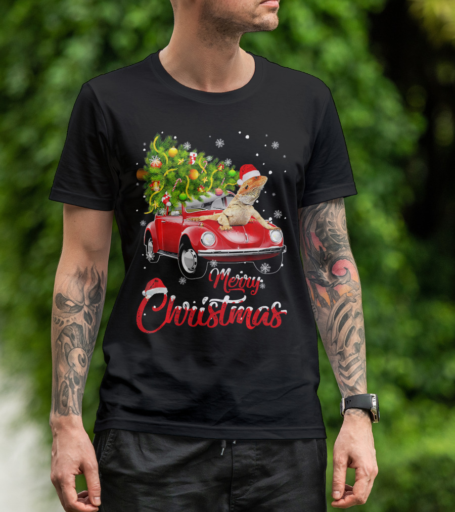 Merry Christmas Bearded Dragon On Red Truck With Christmas Tree T-Shirt