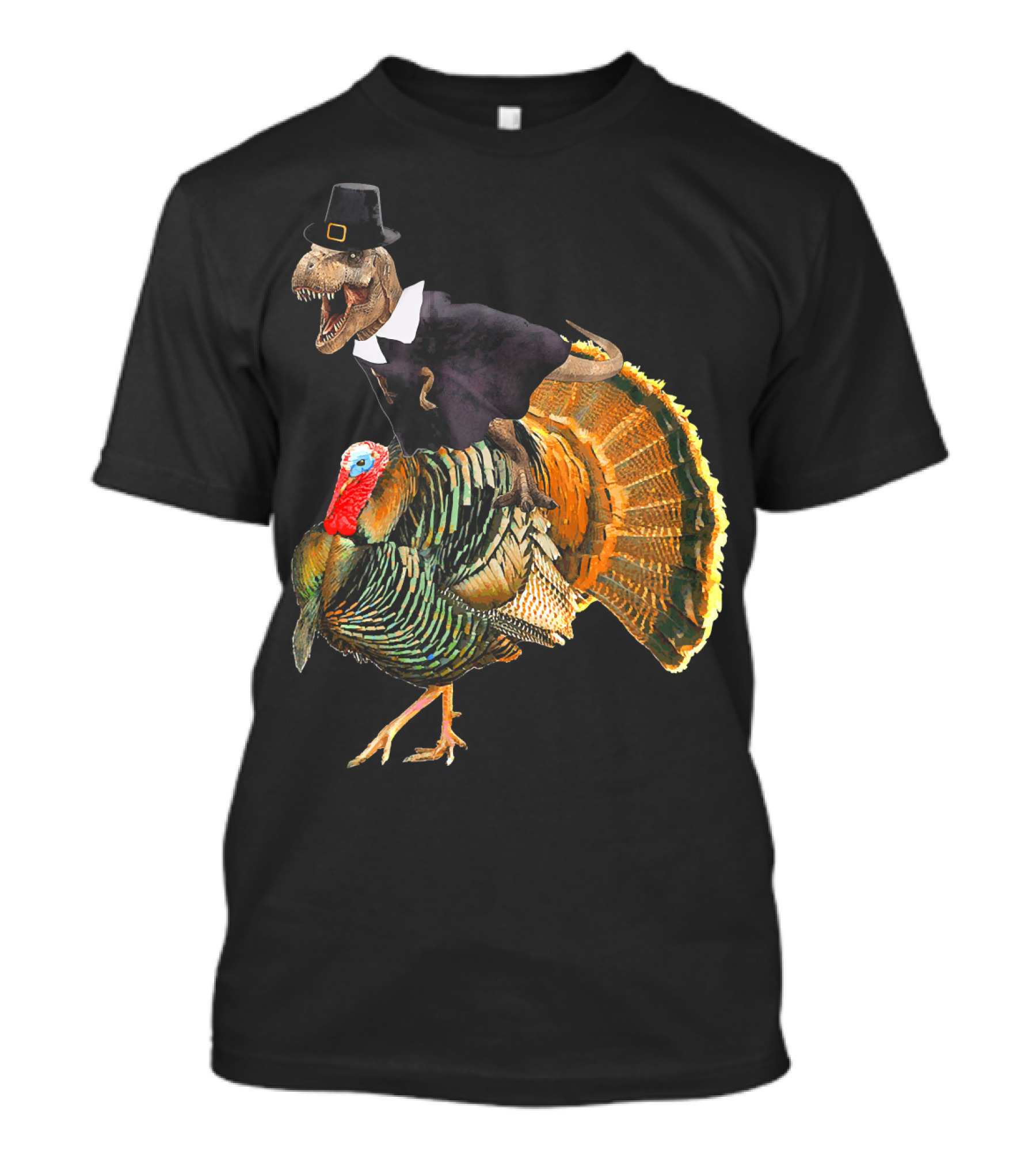 Dinosaur Pilgrim Costume Riding Turkey Thanksgiving Humor T-Shirt