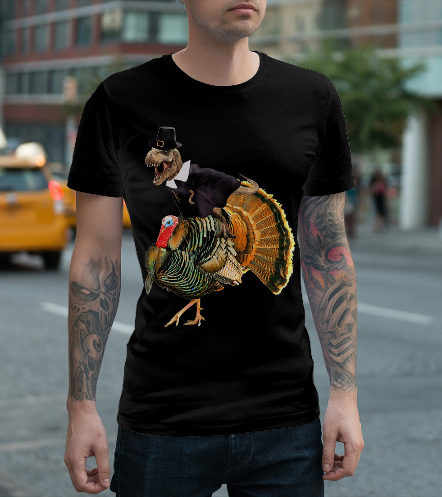Dinosaur Pilgrim Costume Riding Turkey Thanksgiving Humor T-Shirt
