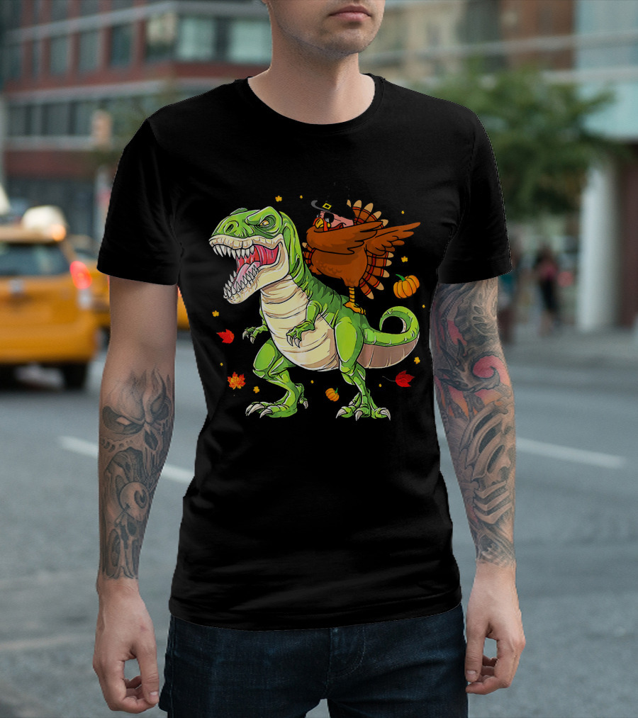 Thanksgiving Turkey Dabbing On T-Rex With Autumn Leaves And Pumpkins T-Shirt