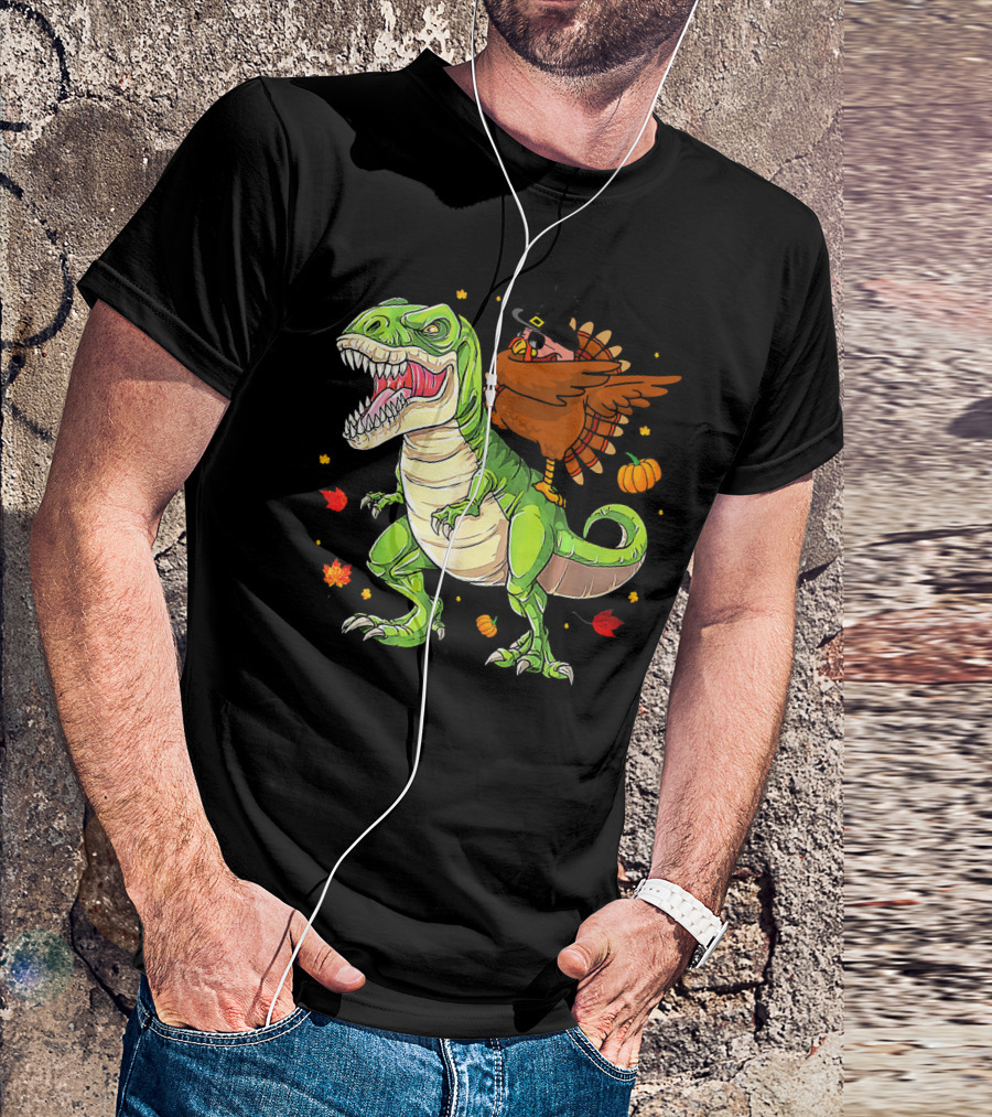 Thanksgiving Turkey Dabbing On T-Rex With Autumn Leaves And Pumpkins T-Shirt