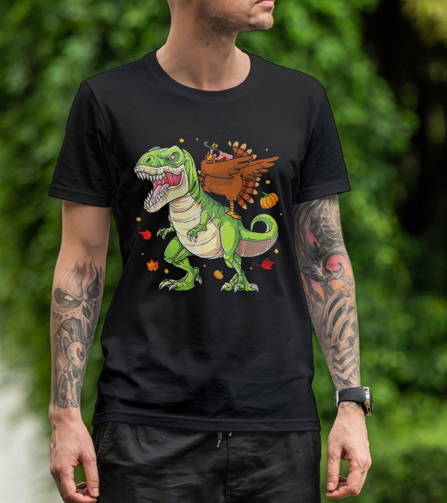 Thanksgiving Turkey Dabbing On T-Rex With Autumn Leaves And Pumpkins T-Shirt